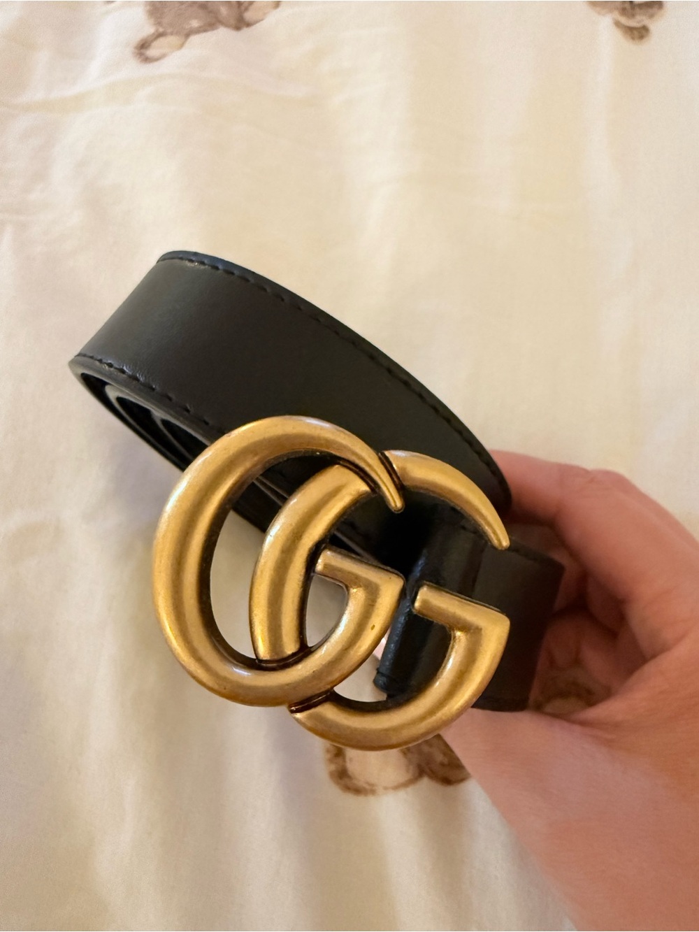Black Leather Belt with Gold Double G Buckle